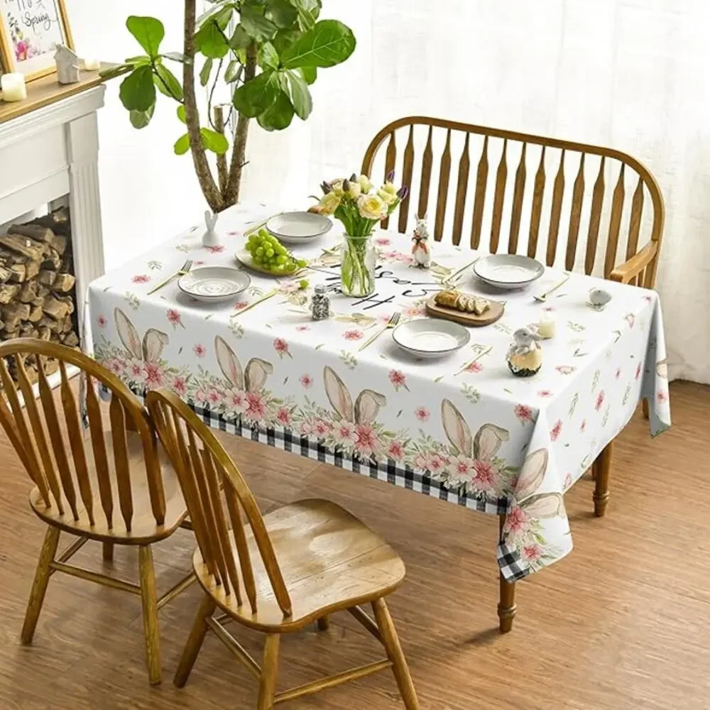 NWT ~ Farmhouse HAPPY EASTER Bunny Ears Flowers Buffalo Check Tablecloth 60 x 84
